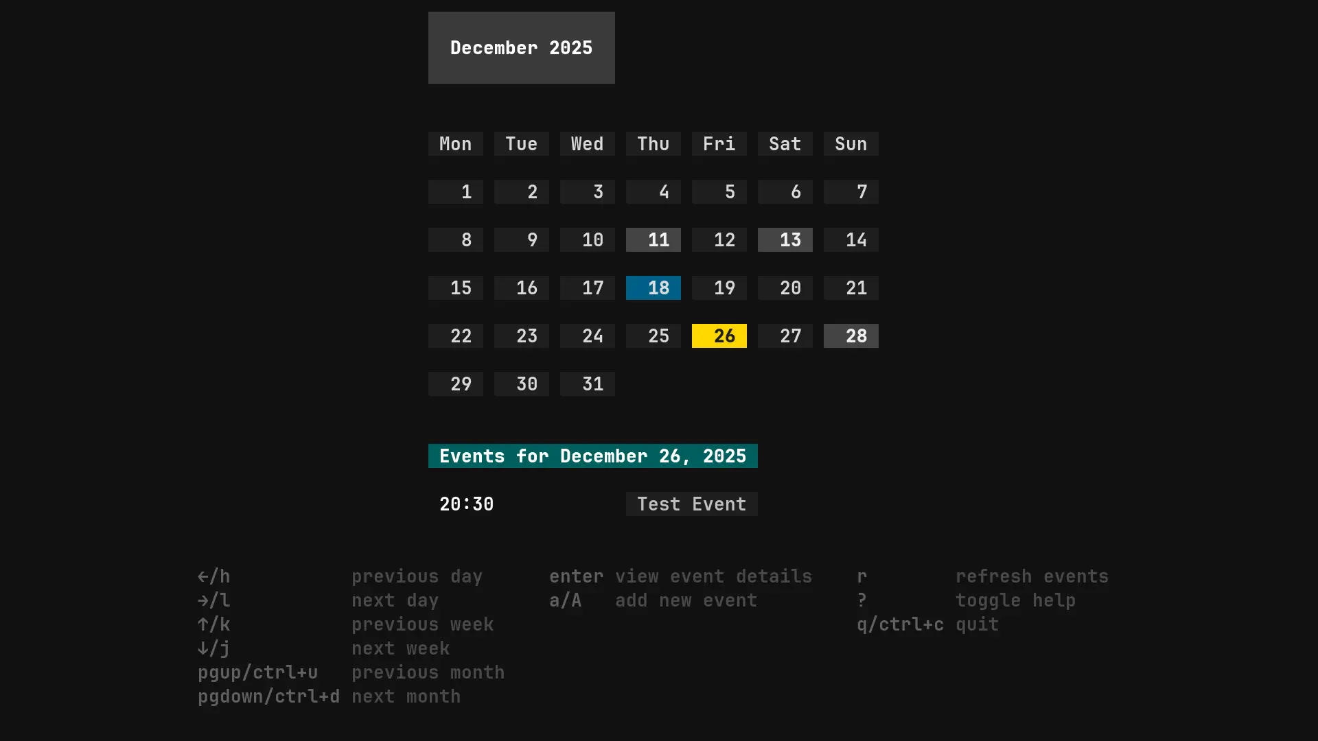 tui-calendar - Terminal Calendar App